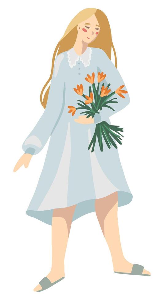 Pretty woman full-length figure in cottage core aesthetic. Girl in a summer dress is holding bouquet of flowers. Simple vector illustration. Isolated clipart for decor, sticker, design, card, print.