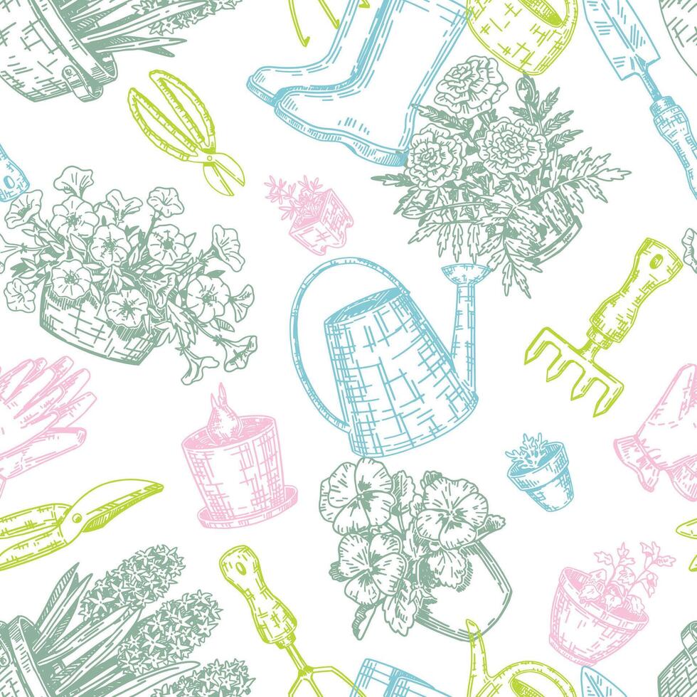 Spring gardening seamless pattern. Ornament of potted plants, gloves, rubber boots, watering cans, garden tools. Design in retro engraving style. vector