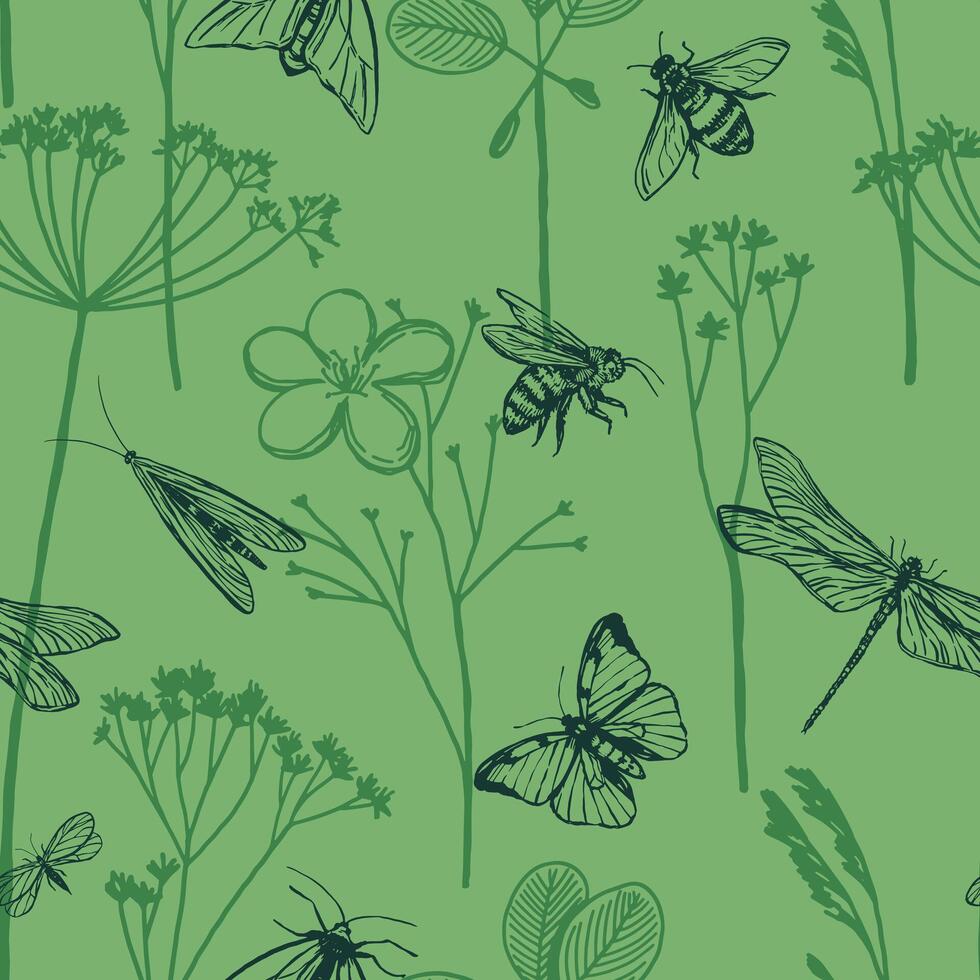 Flying insects and wildflowers. Hand drawn vector seamless pattern. Retro engraving style, ornament for design background, decor, wallpaper.