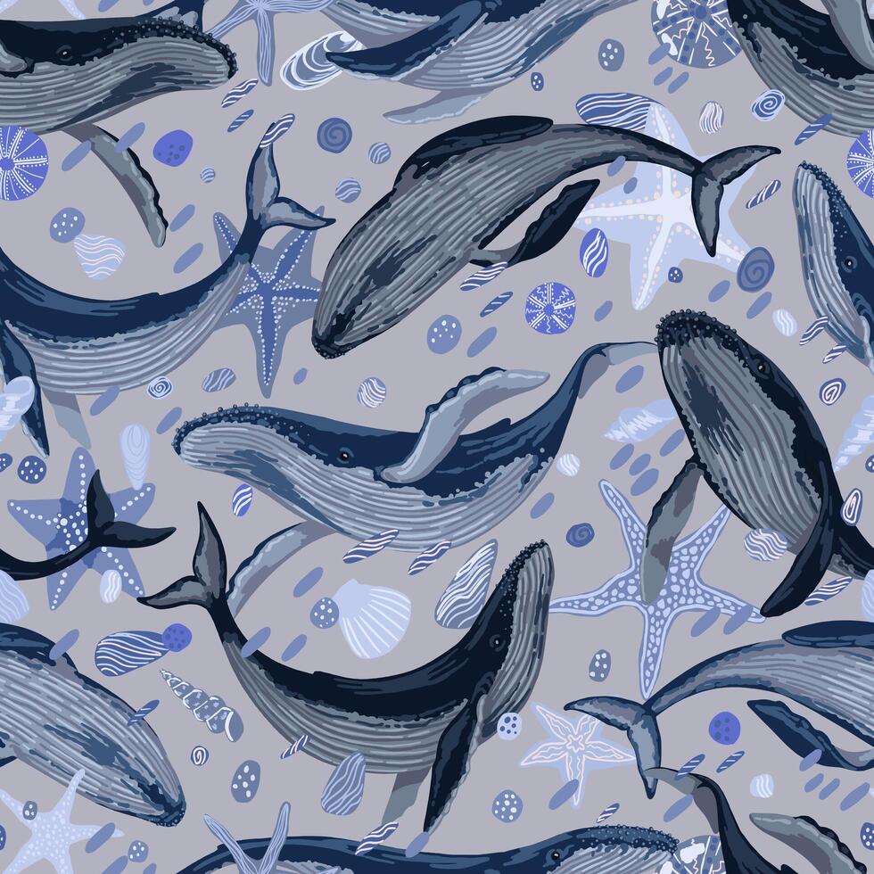 Seamless pattern of blue whales, starfish, seashells. Hand drawn vector illustration. Beautiful underwater ornament.