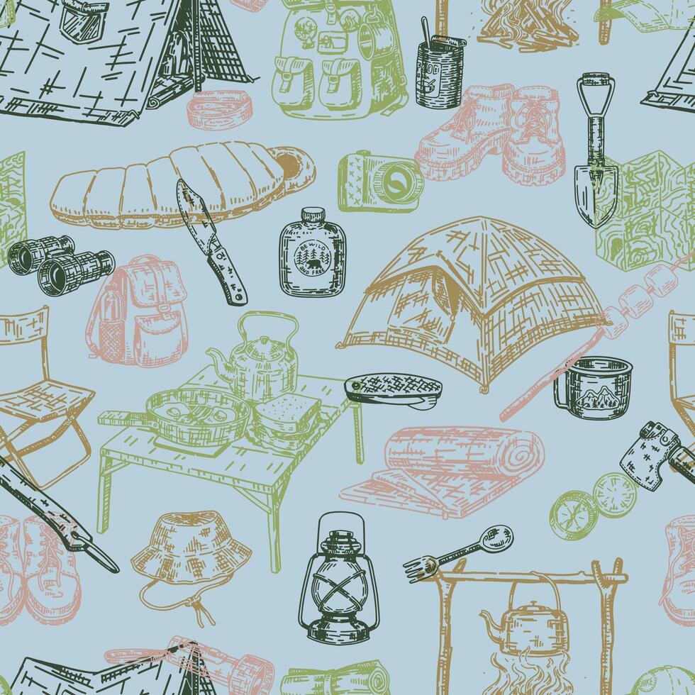 Camping seamless pattern. Ornament of outdoor adventure, hiking equipment, journey supply. Vector design in engraving style.