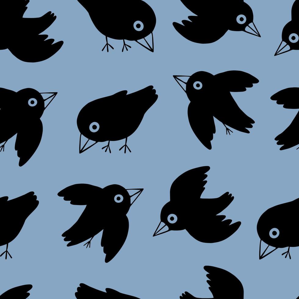 Cute flat ravens. Abstract hand drawn vector seamless pattern. Cartoon ornament with birds. Funny modern design for print, fabric, textile, background, wallpaper, wrap, card, decor.