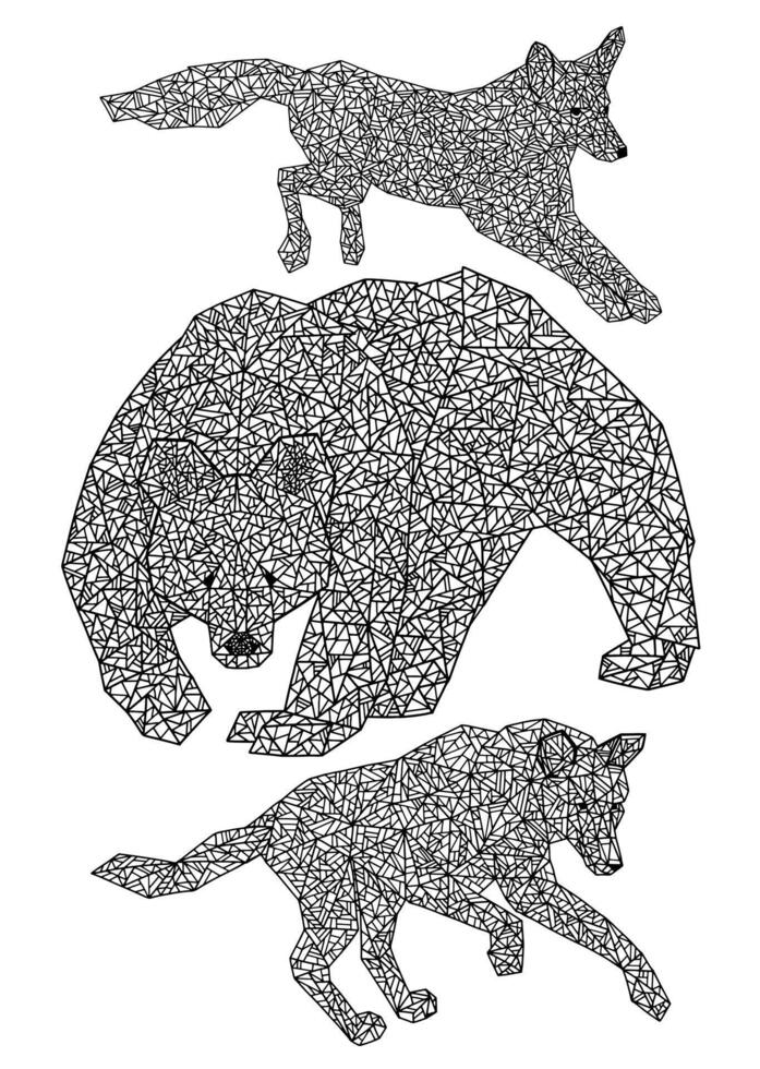 Set of geometric animals. Wolf, fox, bear made of triangles and lines. Elements for coloring antistress. Collection of hand drawn abstract vector illustrations. Black contour picture isolated on white