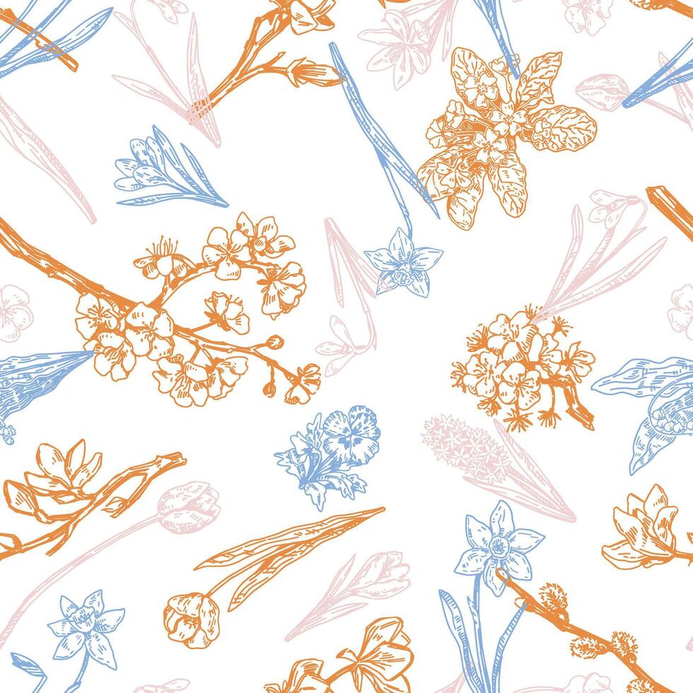 Spring botanical seamless pattern. Ornament of blooming tree branches, wild flowers. Vector design in retro engraving style.