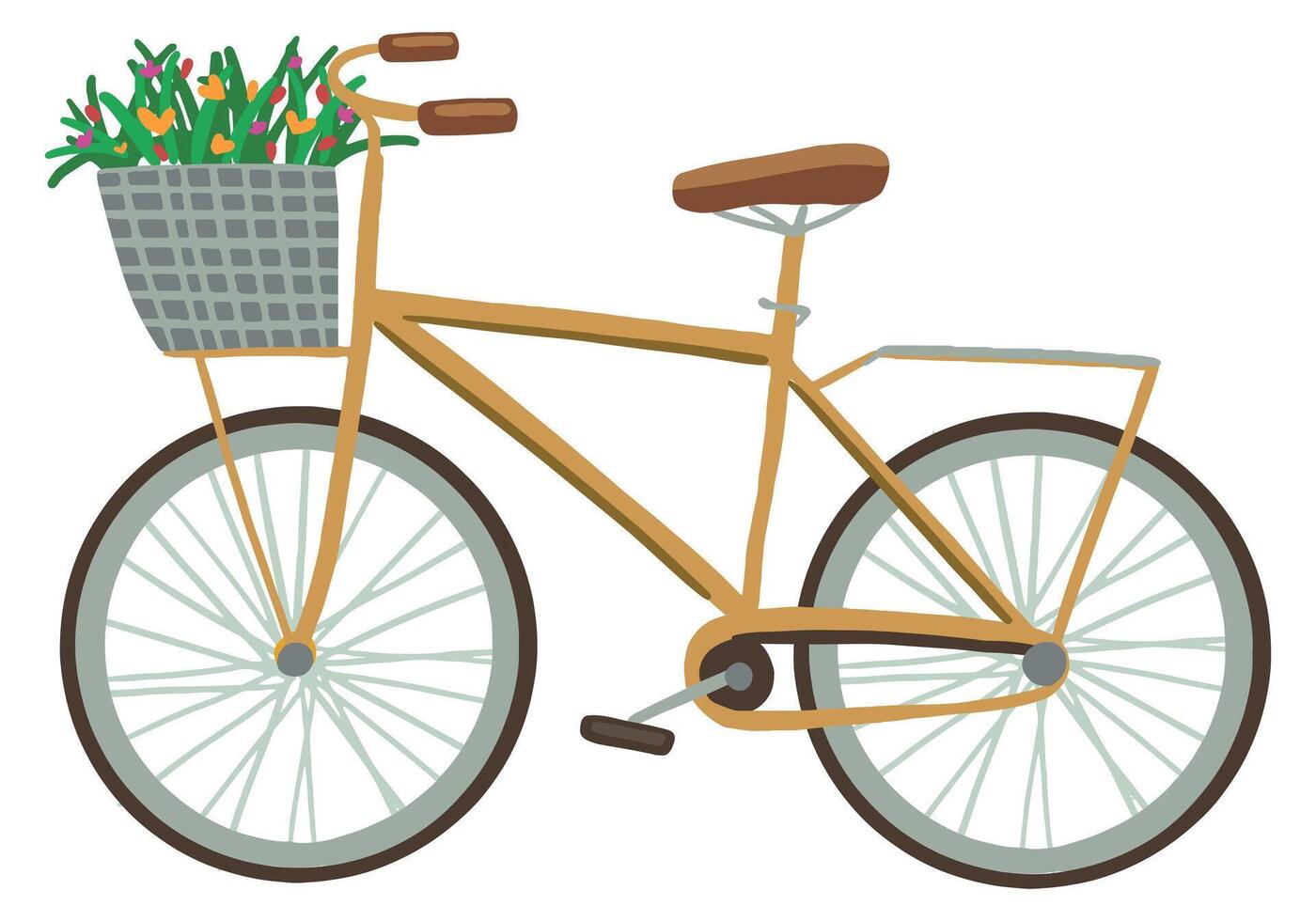 Bicycle with a basket of wildflowers. Hand drawn vector stock illustration. Colored cartoon doodle. Single drawing isolated on white background. Element for design, print, sticker, card, decor, wrap.