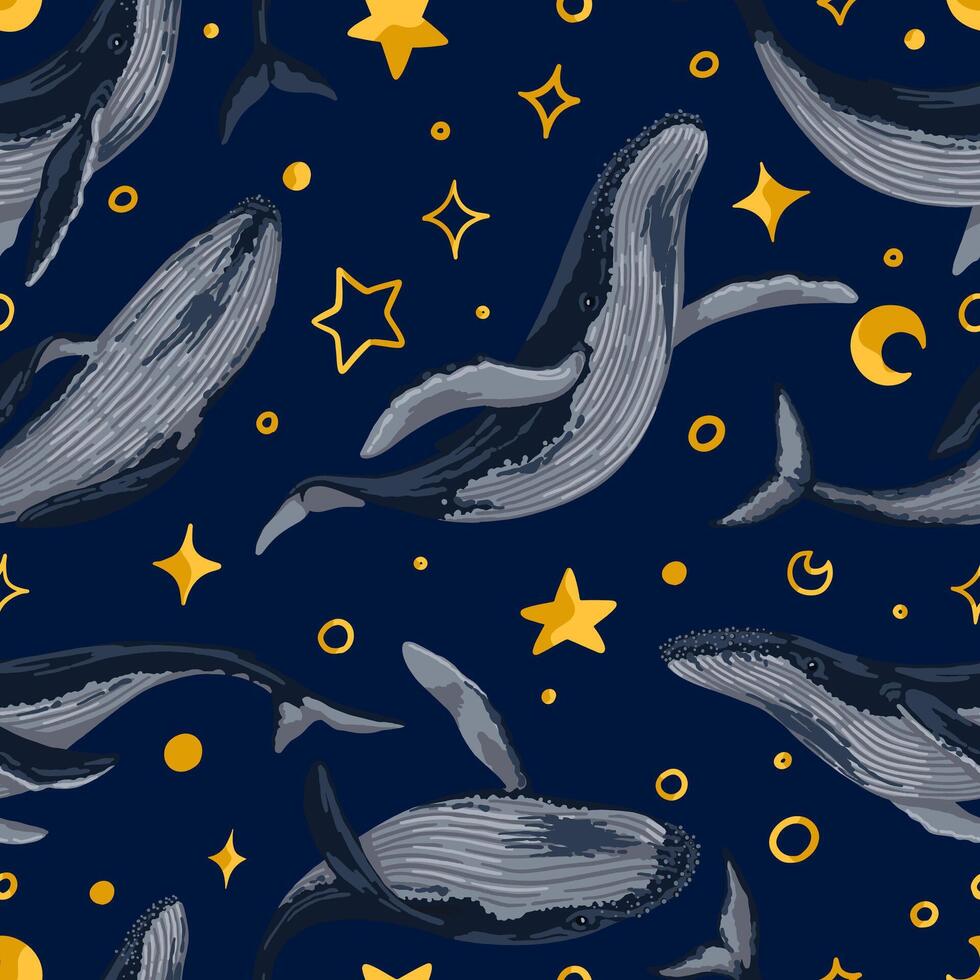 sin costura modelo de azul ballenas, estrellas. mano dibujado vector ilustración. Oceano animal ornamento. hermosa submarino fauna. de colores diseño para tela, textil, fondo, fondo de pantalla, imprimir, decoración, envolver