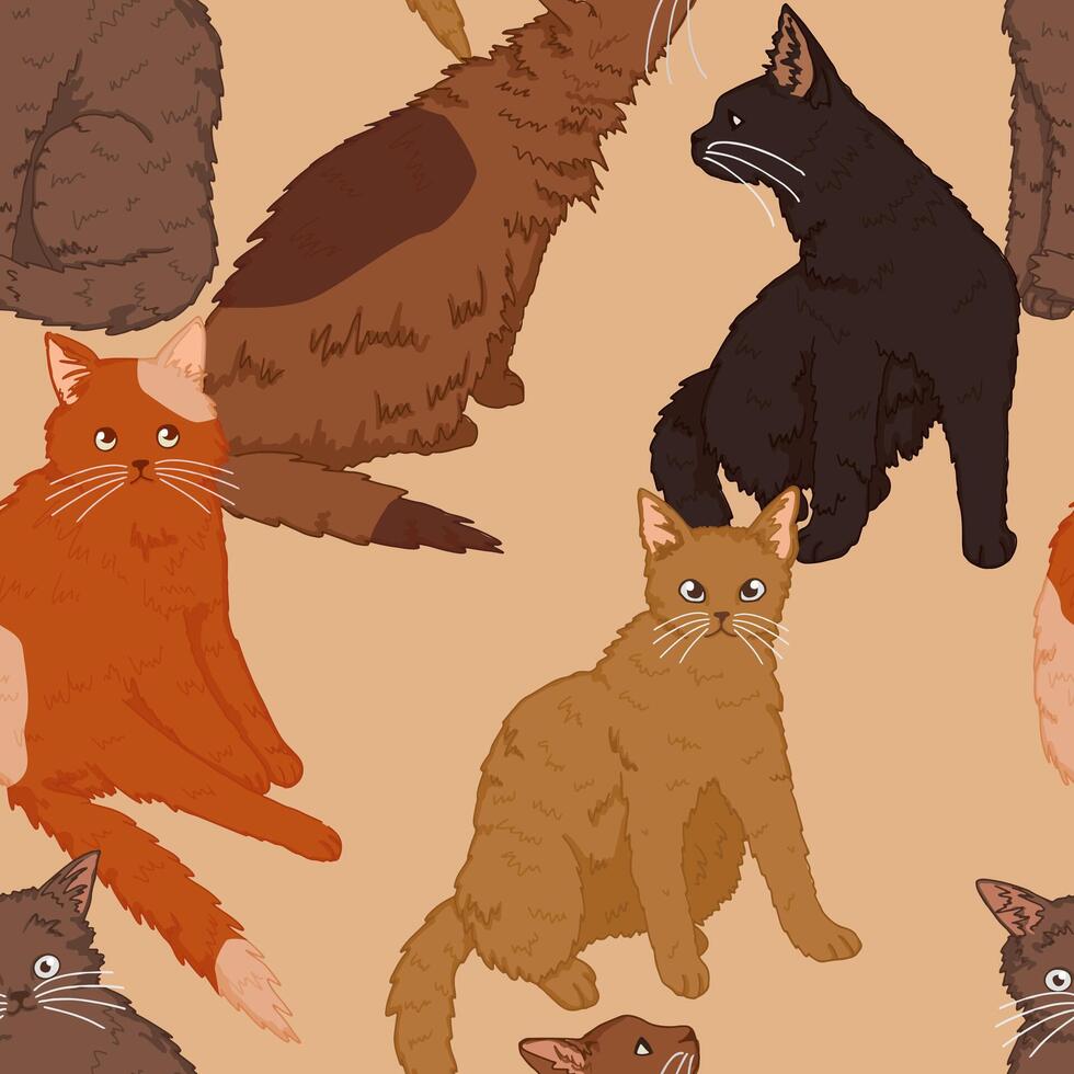 gatos mascota animales, gracioso gatitos sin costura modelo. mano dibujado vector ilustración. de colores ornamento. diseño para decoración, fondo de pantalla, fondo, textil.