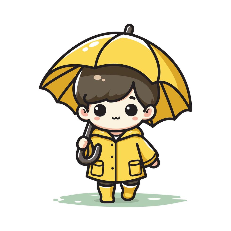 cute vector design illustration of a little boy carrying an umbrella