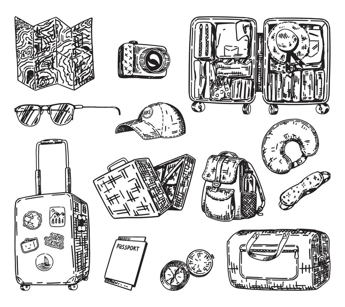 Journey doodles collection. Sketches set of trip attributes, luggage, travel accessories. Vector illustration in engraving style isolated on white.