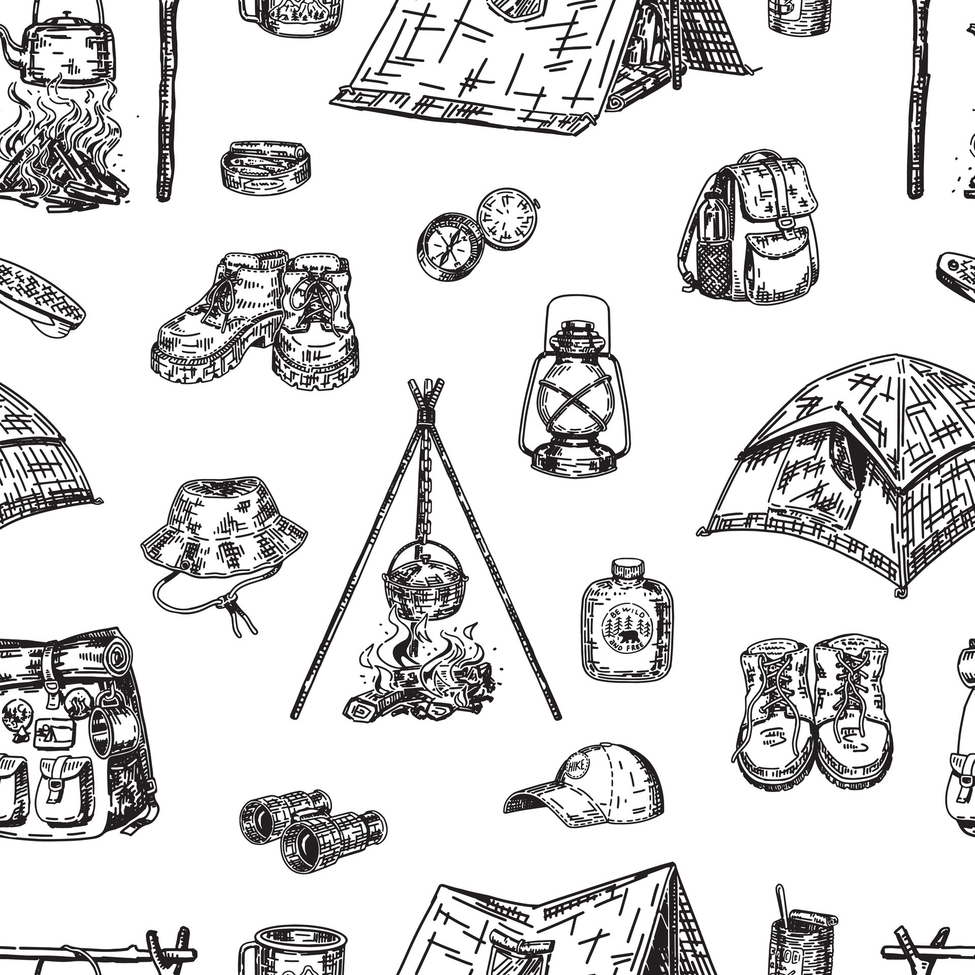 Travelling seamless pattern. Ornament of camping items, hiking