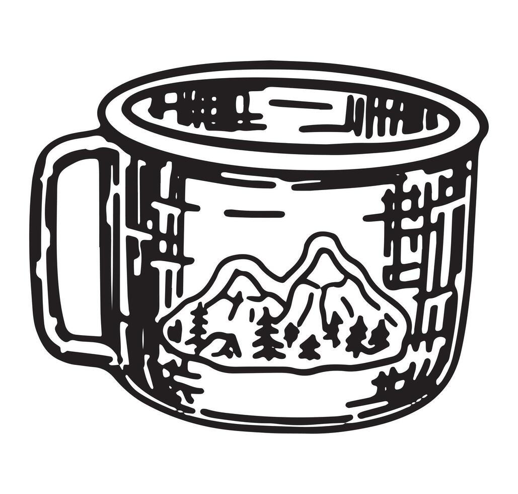 Touristic metal mug sketch. Clipart of travel cup, camping tableware, hiking tools. Hand drawn vector illustration isolated on white.