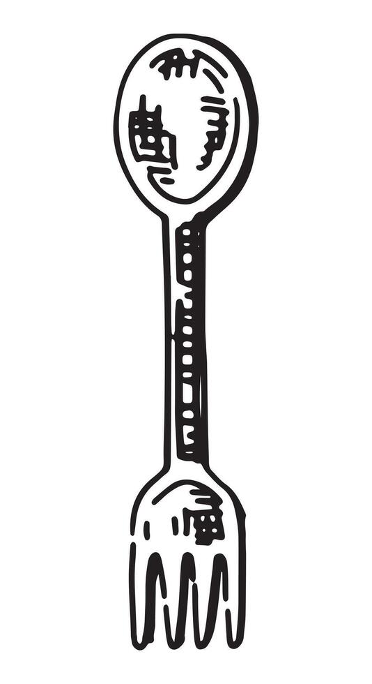 Camping spoon fork sketch. Clipart of travel equipment, hiking tools. Hand drawn vector illustration isolated on white.