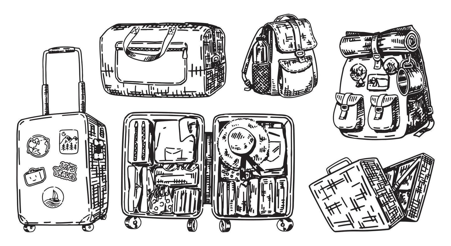 Travel luggage doodles collection. Sketches set of suitcase, backpack, handbag. Vector illustration in engraving style isolated on white.