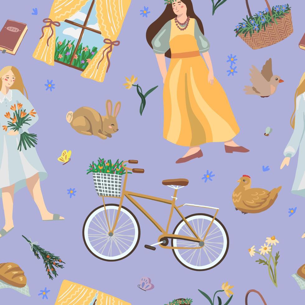 Cottagecore, cozy village vector seamless pattern. Cute girls, homemade baking, flowers, animals. Colorful cartoon ornament. For design fabric, textile, background, wallpaper, print, decoration, wrap.
