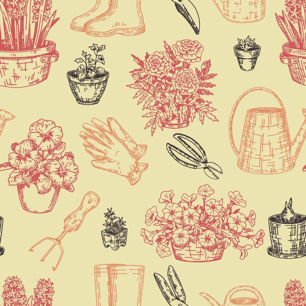 Spring gardening seamless pattern. Ornament of potted plants, gloves, rubber boots, watering cans, garden tools. Design in retro engraving style. vector