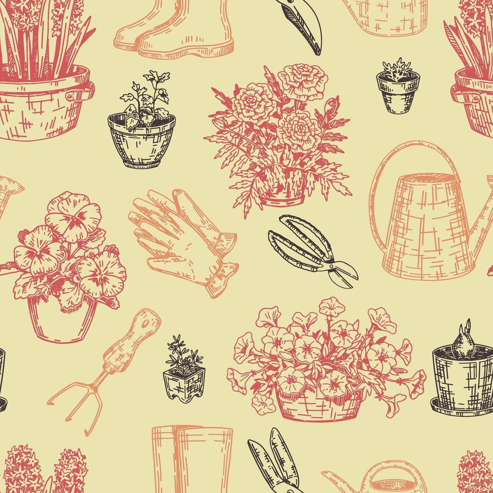 primavera jardinería sin costura modelo. ornamento de en conserva plantas, guantes, caucho botas, riego latas, jardín herramientas. diseño en retro grabado estilo. vector