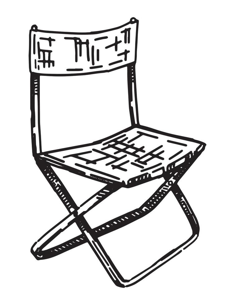 Outdoor folding chair sketch. Clipart of camping equipment, travel attribute. Hand drawn vector illustration isolated on white.