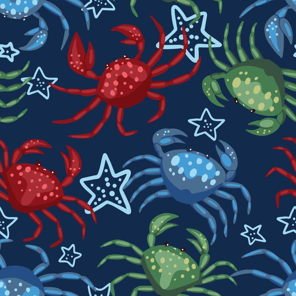 Cute crabs and starfish. Abstract vector seamless pattern. Colored cartoon ornament with sea animals. Funny modern design for print, fabric, textile, background, wallpaper, wrap, card, decor.