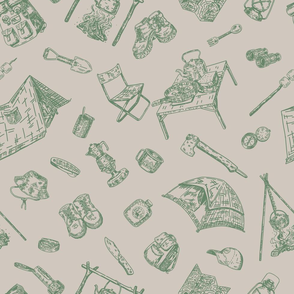 Travelling seamless pattern. Ornament of camping items, hiking equipment, journey attributes. Vector design in engraving style.