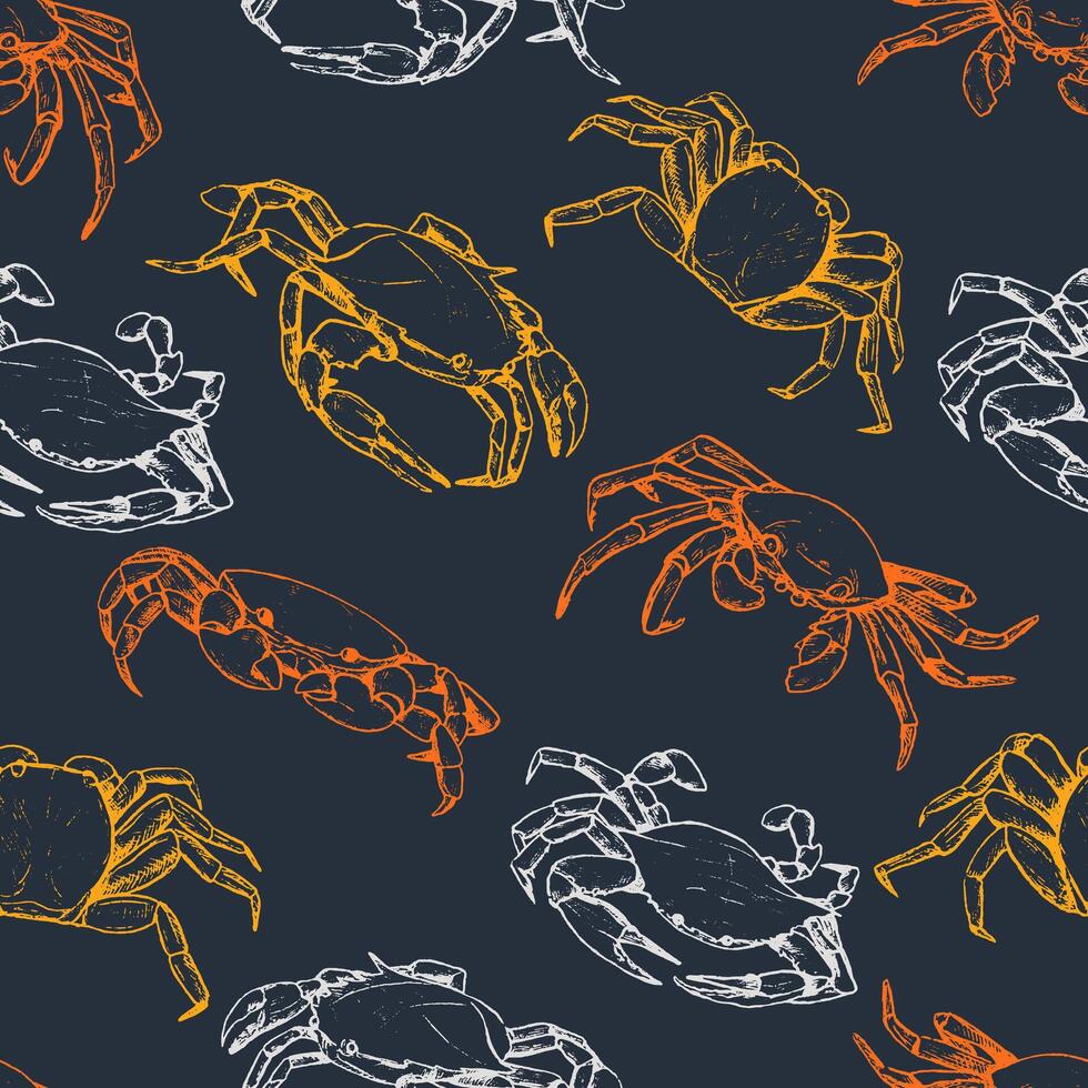 Vintage hand drawn vector seamless pattern. Abstract background of beautiful crabs. Graphic sketches of crustacean animals. Bright surface design for wallpaper, wrap, textile, postcards, prints