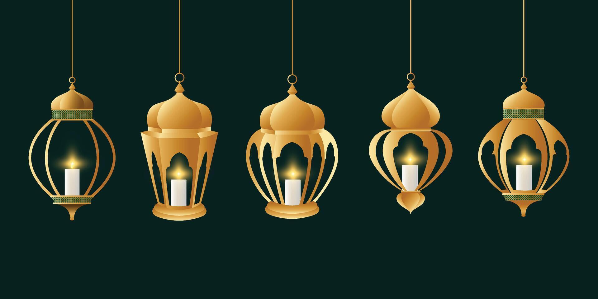 Collection of Ramadan Illustrations 3D. Oriental Style Islamic Ramadan Kareem Collection. Islamic lanterns, lamps, and ornaments. vector