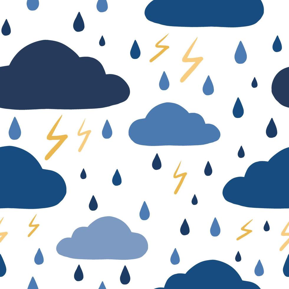 Hand drawn graphic vector background. Cartoon clouds, raindrops and lightning. Autumn weather seamless pattern. Colorful wallpaper isolated in white. Design for wrapping paper, fabric, prints and etc.