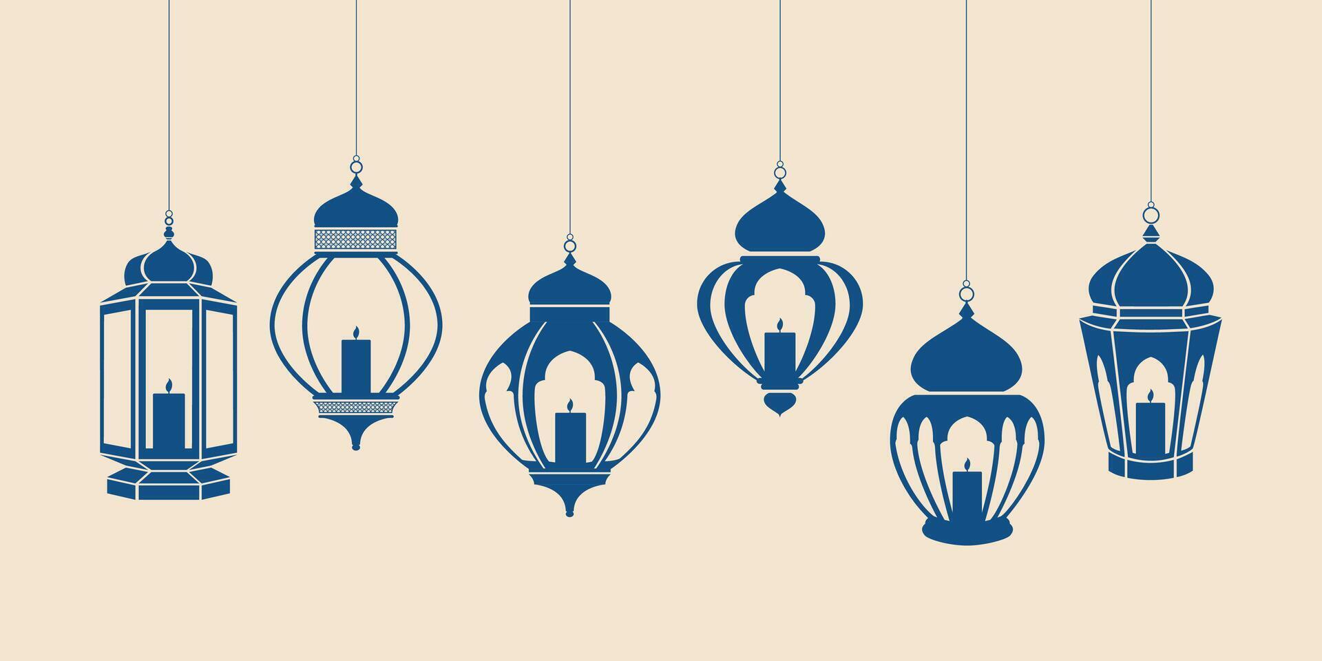 Collection of Ramadan Illustrations. Oriental Style Islamic Ramadan Kareem Collection. Islamic lanterns, lamps, and ornaments. vector