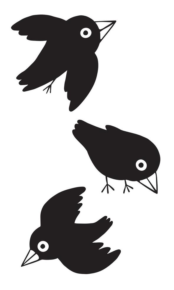 Hand drawn graphic vector illustration. Collection of cartoon ravens. Cute birds set. Outline drawing isolated in white. Element for poster, prints, card, sticker, fabric, t shirt etc.