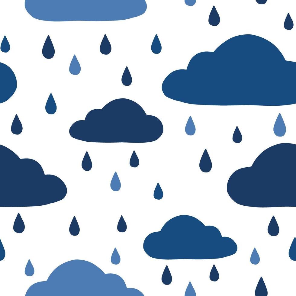 Hand drawn graphic vector background. Cartoon clouds and raindrops. Autumn weather seamless pattern. Colorful wallpaper isolated in white for child's. Design for wrapping paper, fabric, prints and etc