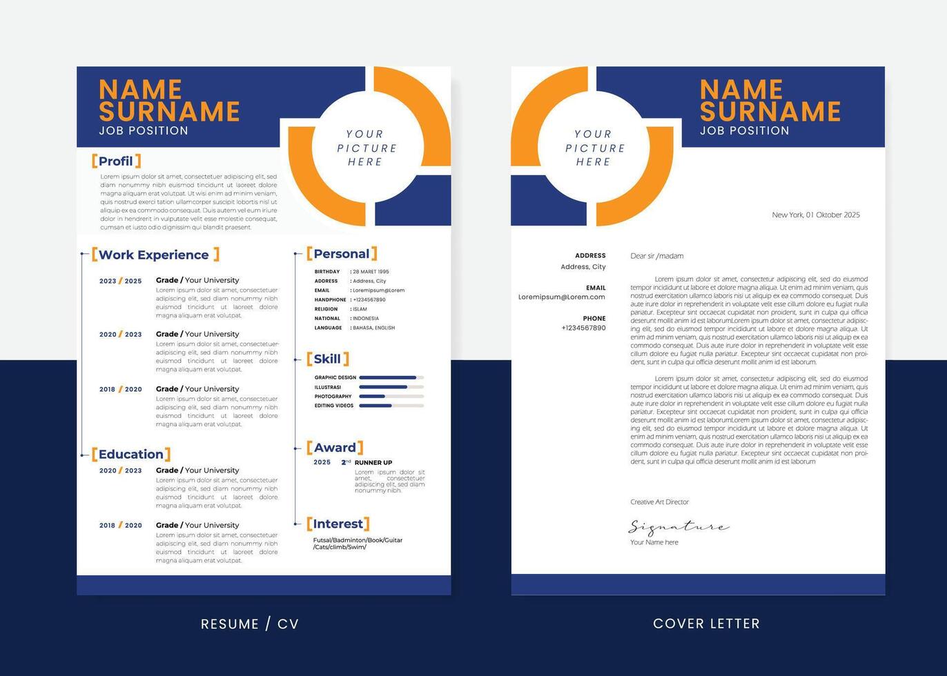 Minimalist CV Resume and Cover Letter Design Template. Professional Modern Design. Stylish Minimalist Elements and Icons with Blue and Orange Color. vector
