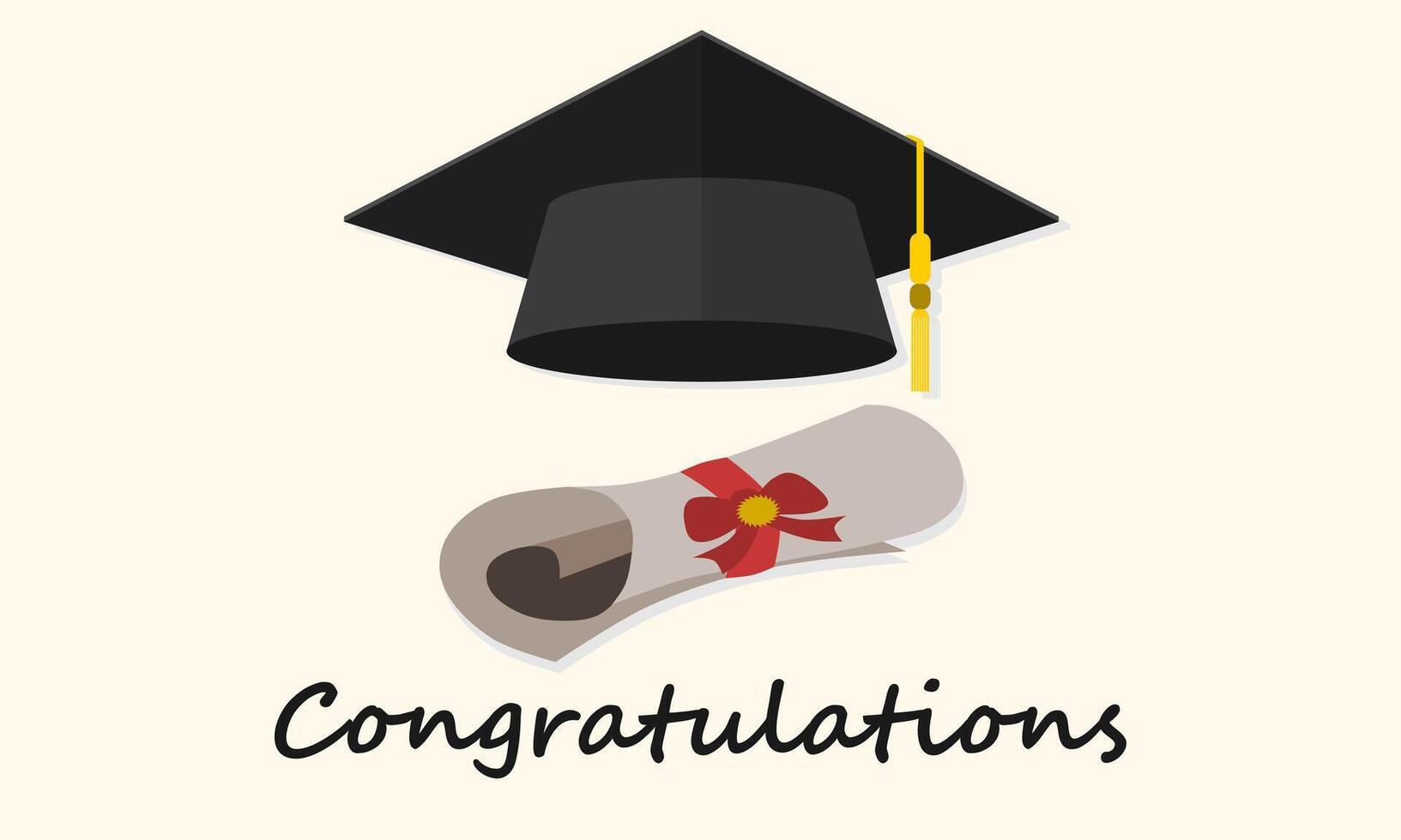 Felicidades tarjeta modelo con graduación gorra y certificado. vector ilustración.