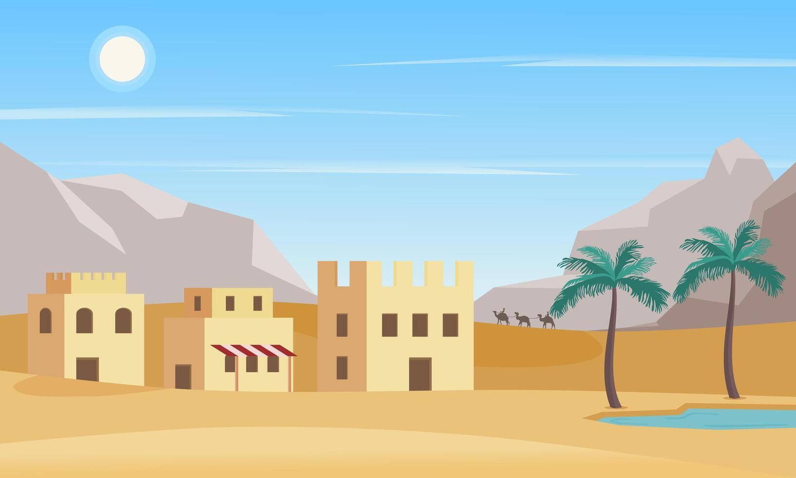Desert landscape with oasis, house, and palm tree in day light. Arab city in desert. Vector illustration.