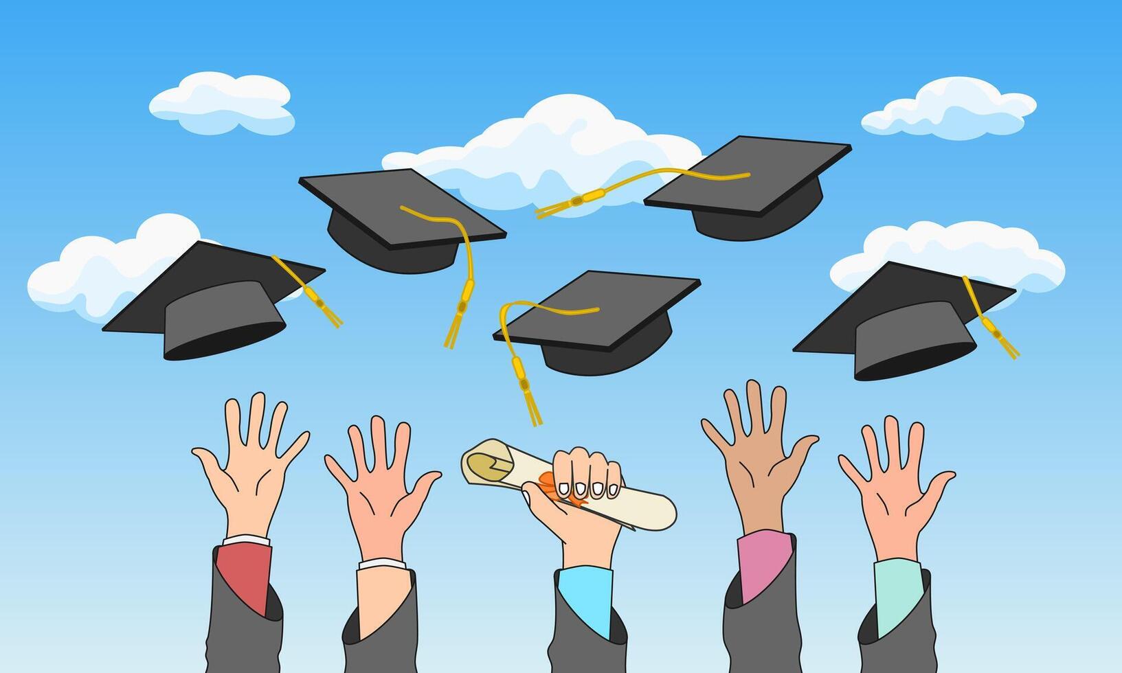 estudiante manos lanzamiento graduación sombreros en el aire con azul cielo y nubes en antecedentes. vector ilustración.