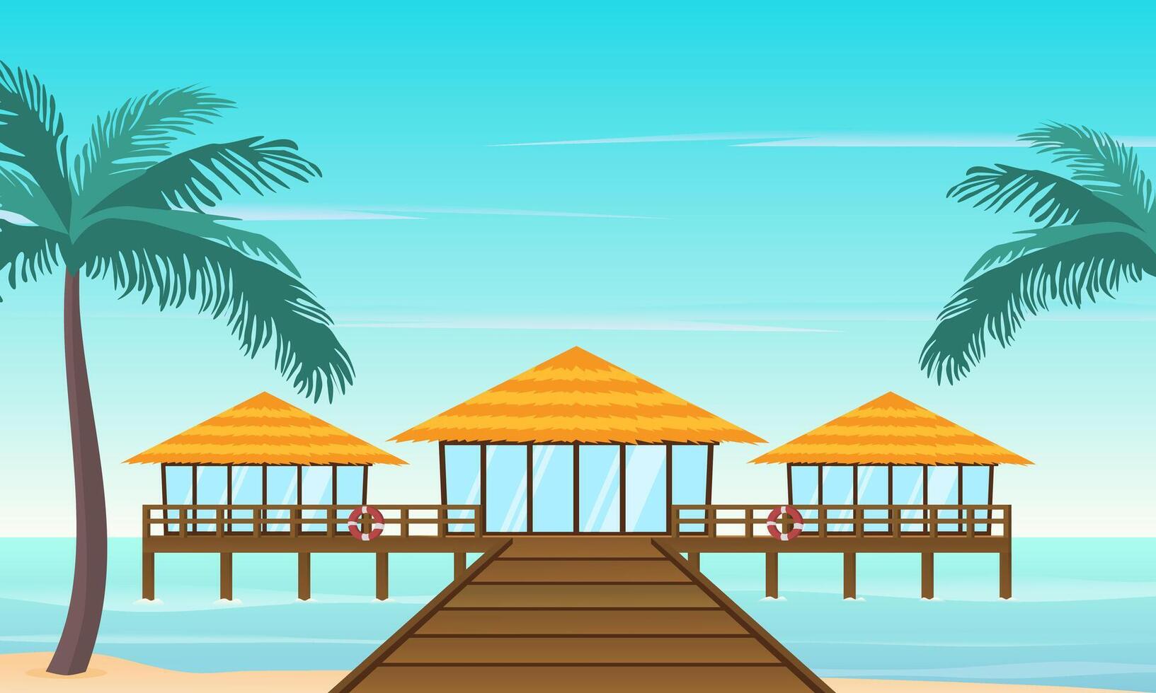 Beach hut or bungalow on tropical island resort with wooden deck. Vector illustration.
