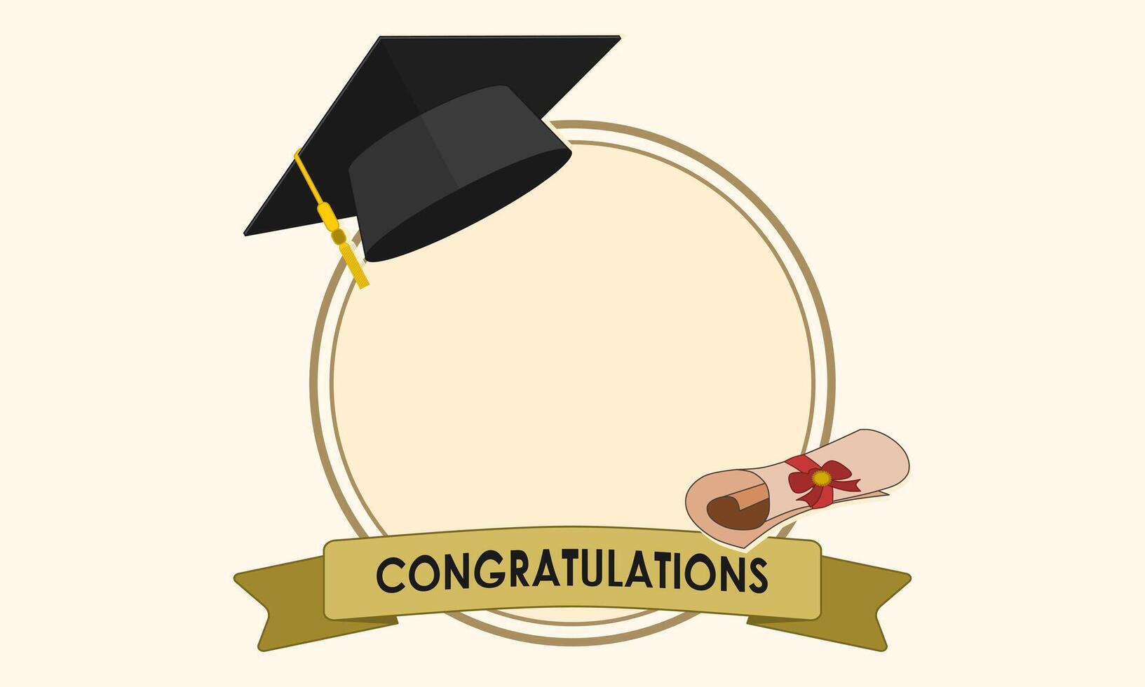 Circle photo frame with graduation cap and certificate for photo booth. Vector illustration.