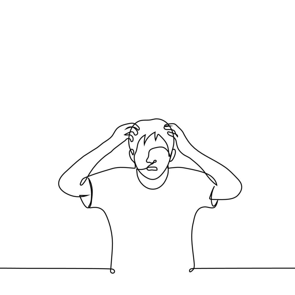 man clutching his head - one line drawing vector. concept scratching one's head scalp, tearing one's hair, horror or despair vector