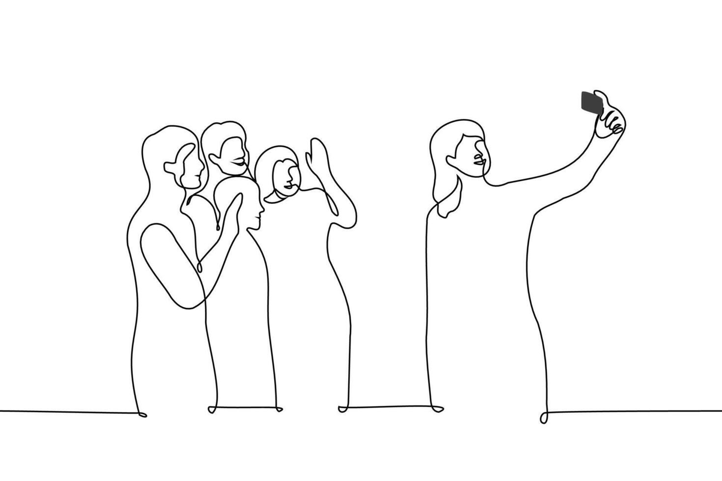 woman taking a selfie in front of a posing group of people they are all smiling - one line drawing vector. concept group photo, friends posing for a photo shot vector