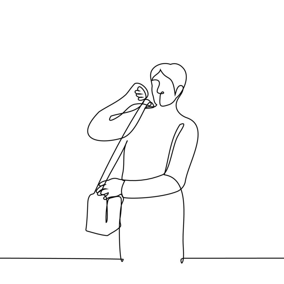 man with long-handle bag - one line drawing vector. concept courier, postman vector