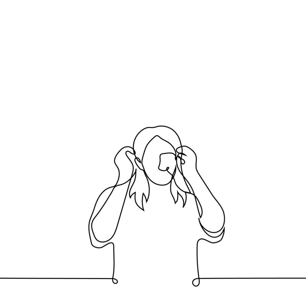 person with long hair removes interfering strands behind ears - one line drawing vector. concept man or woman with flowing hair touches her hair vector