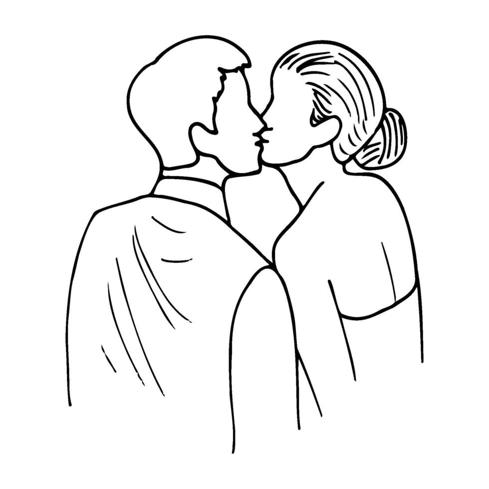 bride and groom kiss, angle from the back. hand drawn man and woman kiss vector