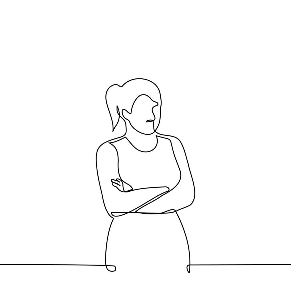 mujer soportes con su brazos cruzado y su cabeza inclinado, ella es escéptico - uno línea dibujo vector. concepto parcial, inexpugnable, negativamente inclinado, sospecha, escéptico personalidad vector