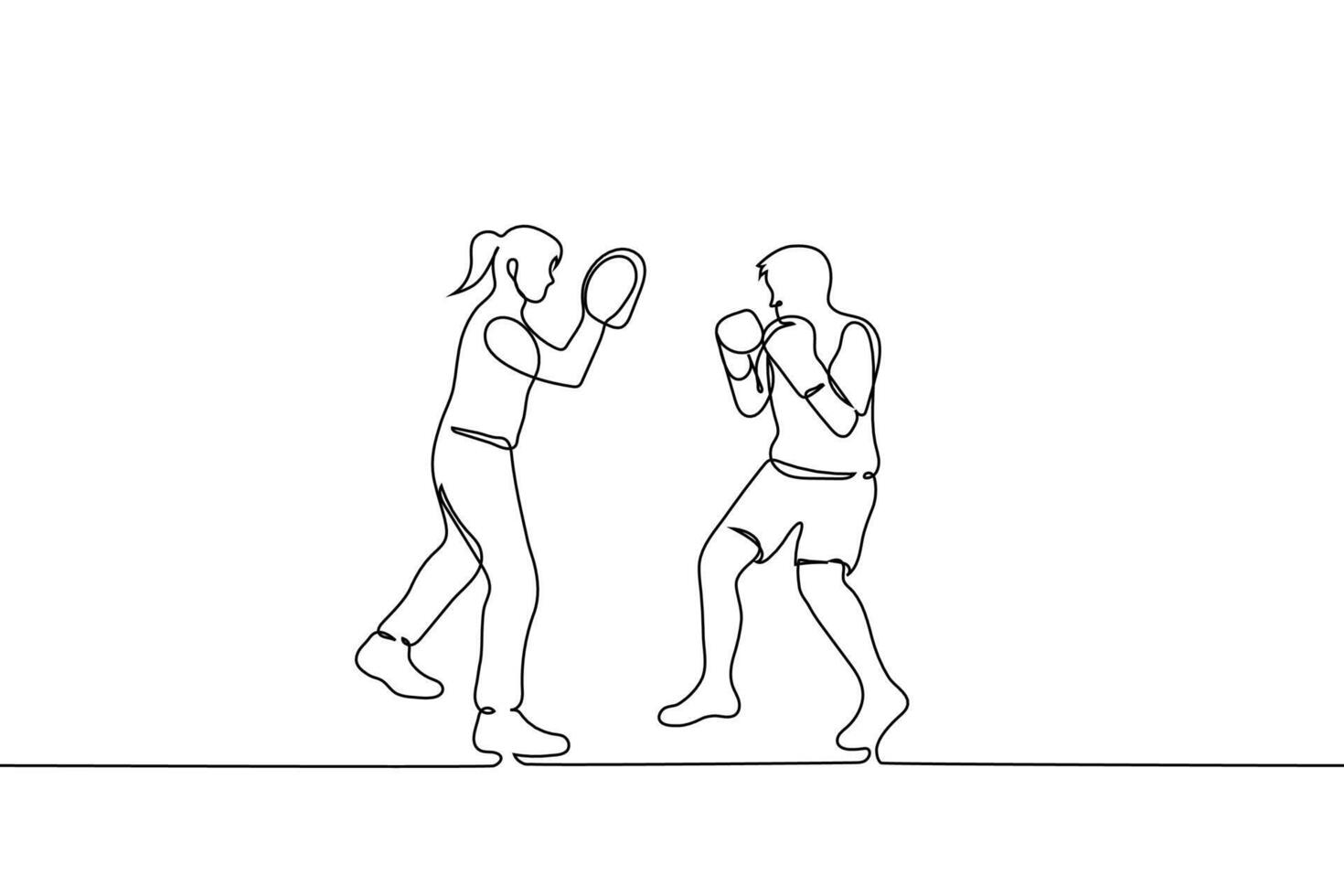 hombre Boxer formación con hembra entrenador - uno línea dibujo vector. boxeo formación concepto, puñetazos vector