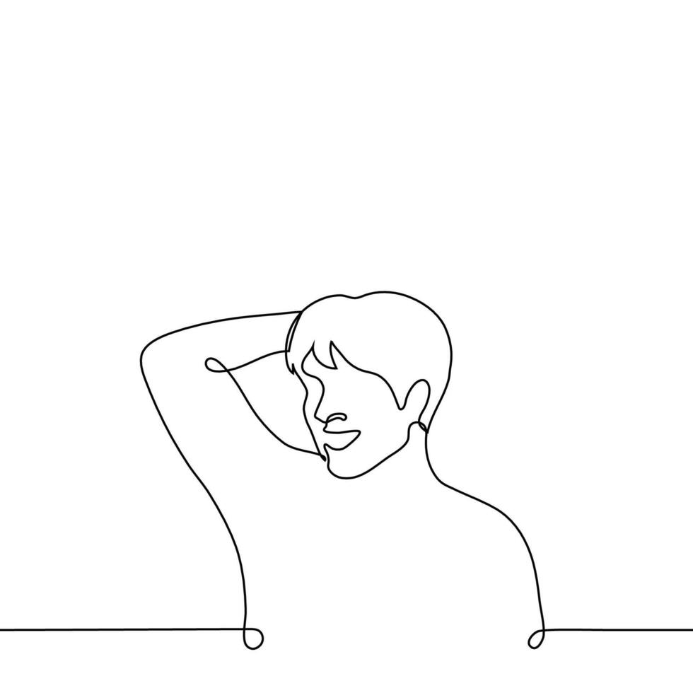 man stands laughing and scratching his head - one line drawing vector. concept when a person finally understands a difficult joke vector