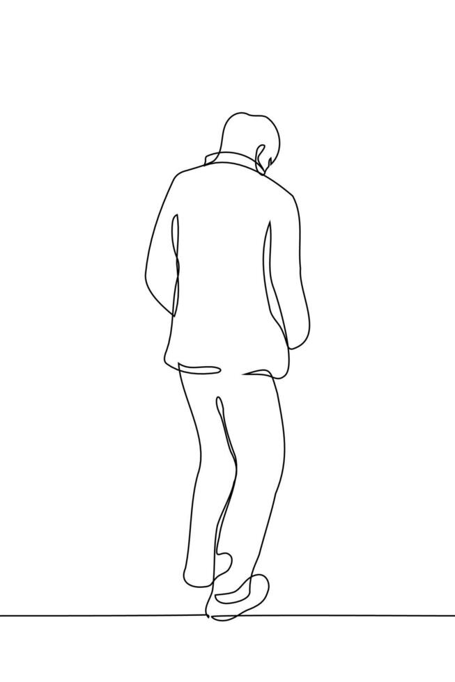 man in an overcoat walking with his head down and his hands in his pockets with his back to the viewer - one line vector drawing. the concept of a sad walk alone