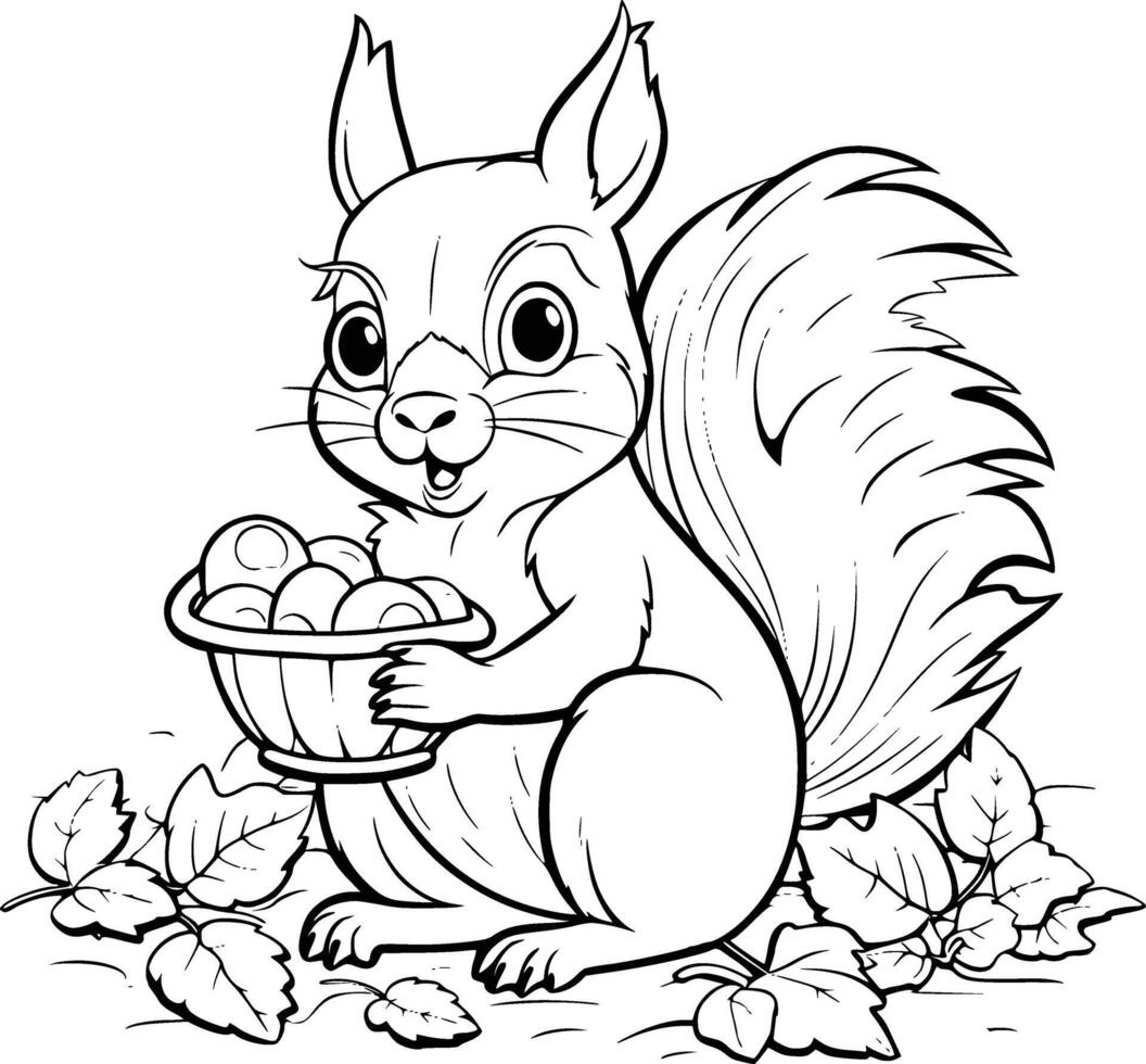 Cute Squirrel Eating Coloring Pages Drawing For Kids vector