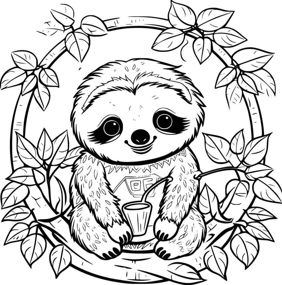 Cute Sloth In Forest Coloring Page For Kids vector