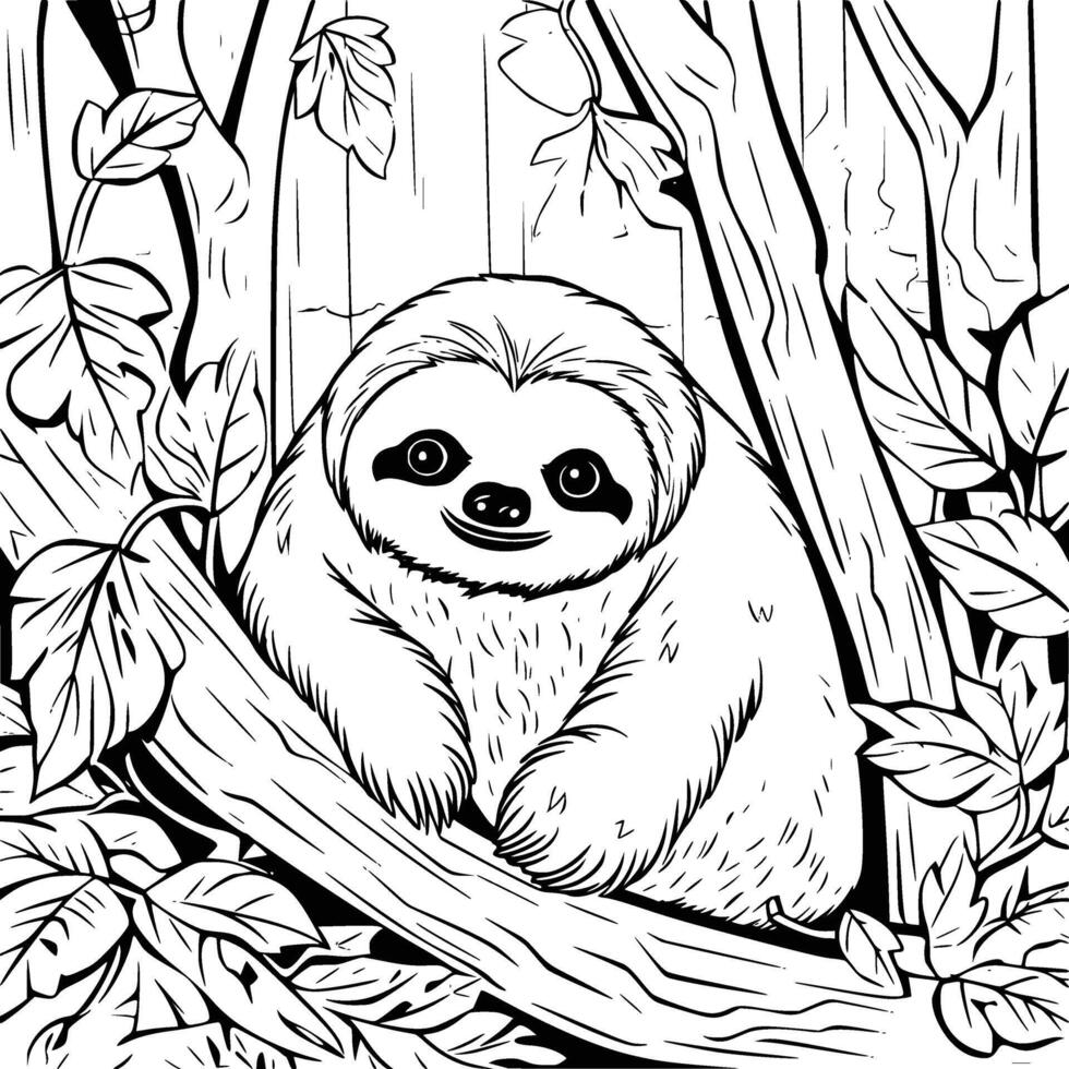 Cute Sloth In Forest Coloring Page For Kids vector