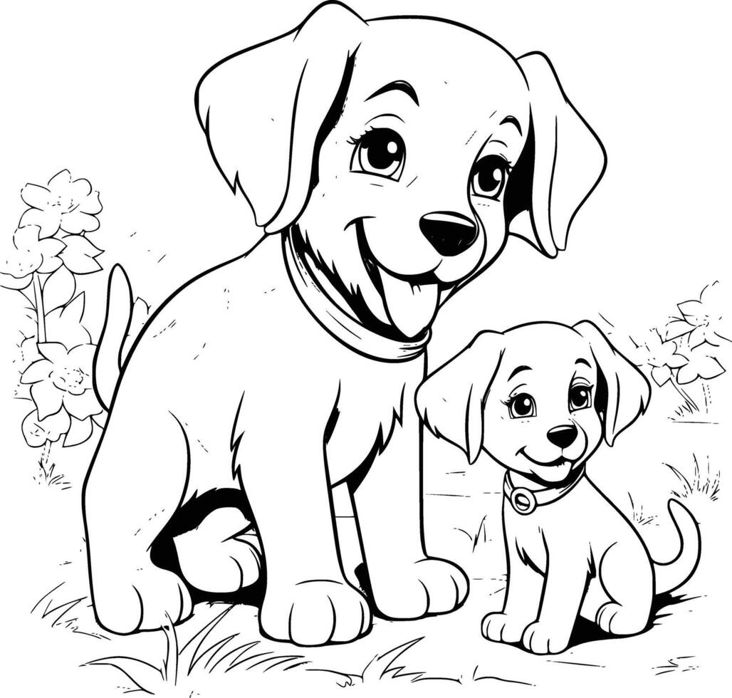 Cute Mother Dog And Puppy Coloring Page Drawing For Kids vector