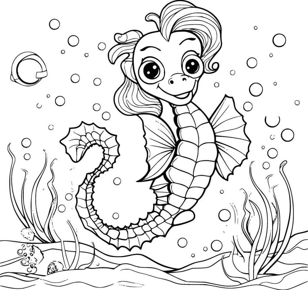 linda caballo de mar colorante paginas para niños vector