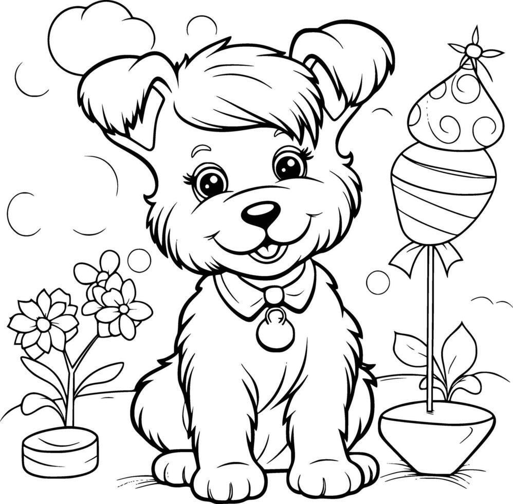 linda perro cumpleaños colorante paginas dibujo para niños vector